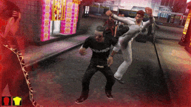 a video game screen shows a man kicking another man in the leg