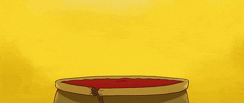 a cartoon of a man standing in a cauldron of blood surrounded by people .