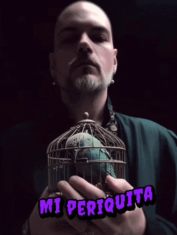 a man holding a bird in a cage with the words mi periquita written above him