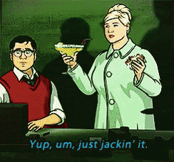 a cartoon of a woman holding a martini and a man saying yup