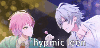 a couple of anime characters standing next to each other with the words hypmic leen written on the bottom .
