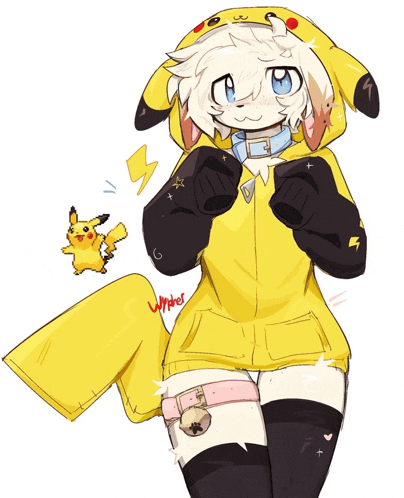 a drawing of a furry character wearing a pikachu hoodie with a bell on her leg