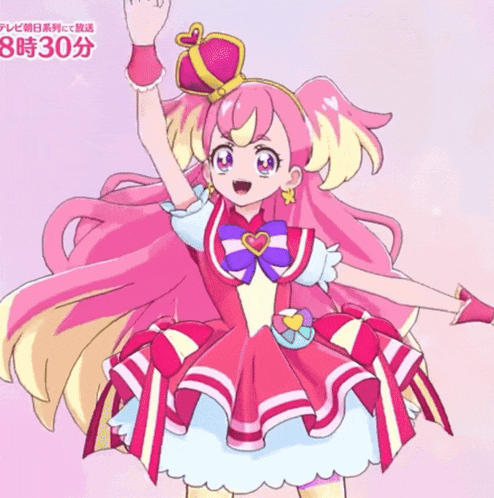 a girl with pink hair and a crown on her head is wearing a pink and white dress