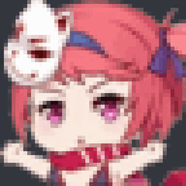 a pixel art of a girl with purple eyes