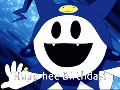 a cartoon character says happ-hee birthday in a blue background