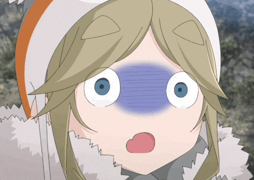 a close up of a cartoon character with a surprised look on her face