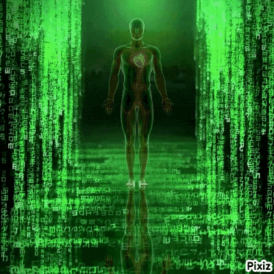 a man with a heart in his chest is standing in front of a matrix background