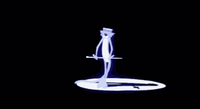 a pink panther with a cane and a hat is standing in a circle .