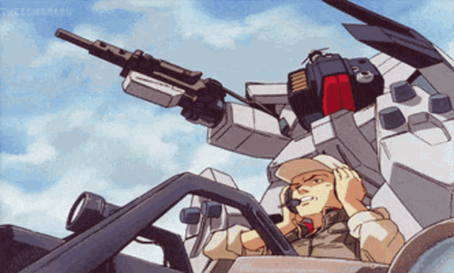 a cartoon of a man driving a robot with a gun pointed at him