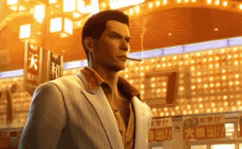 a man in a white suit is smoking a cigarette while standing in front of a carnival .