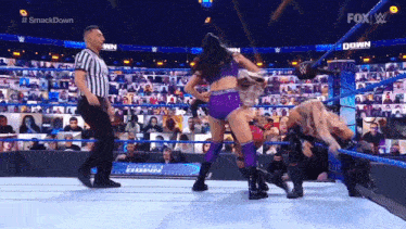 a referee is standing next to a wrestler in a wrestling ring during a match .
