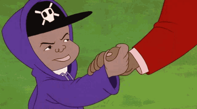 a cartoon character with a skull and crossbones hat shakes hands with another person
