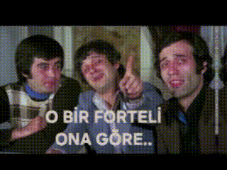 three men are standing next to each other with the words o bir forteli ona gore written on the bottom