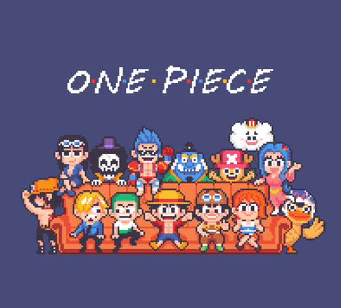 a pixel art illustration of the characters from one piece