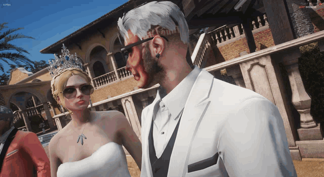 a screenshot of a video game shows a bride and groom standing in front of a building
