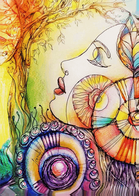 a colorful drawing of a woman 's face with a spiral in her hair says i love you