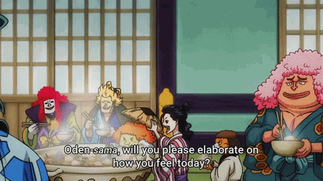 a group of people standing around a pot of food with the words oden-sama will you please elaborate on how you feel today written below them