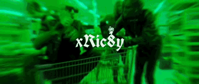 a green background with a person pushing a shopping cart