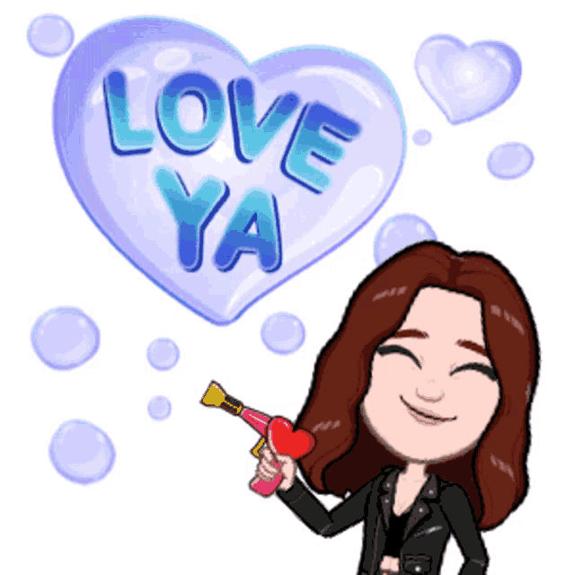a cartoon of a woman blowing soap bubbles with a heart shaped bubble that says love ya