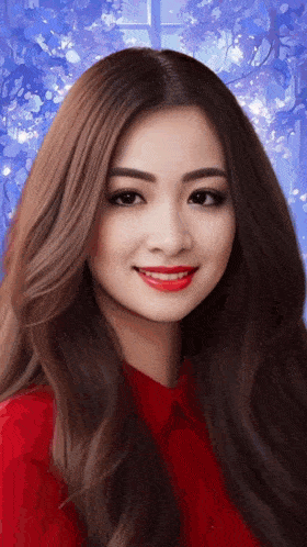 a woman with long hair and red lipstick is smiling