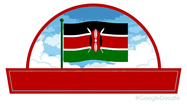 an illustration of a kenyan flag with a blue sky and clouds in the background