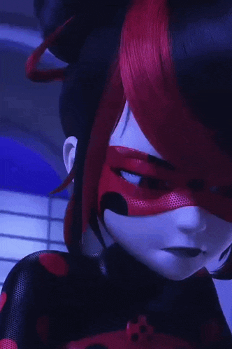 a cartoon character with red and black hair and a ladybug on her chest