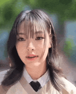 a close up of a girl wearing a school uniform and a tie .