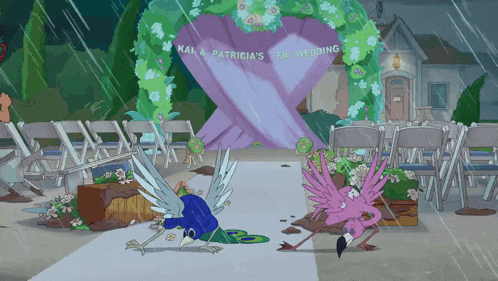 a peacock and flamingo are standing in front of a sign that says kal and patricia 's ew wedding