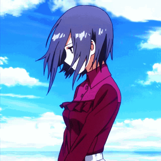 a girl with purple hair is standing in front of a blue sky with white clouds