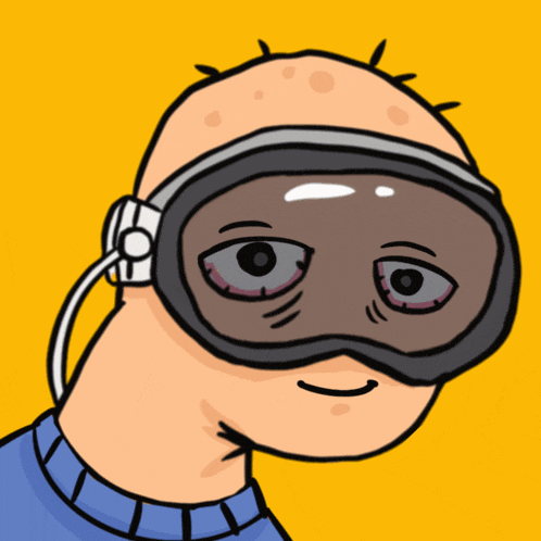a cartoon drawing of a bald man wearing a goggles