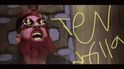 a man with a beard wearing sunglasses with a dollar sign on them screams