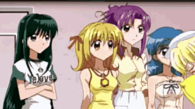 a group of anime girls standing next to each other with one wearing a shirt that says ye love