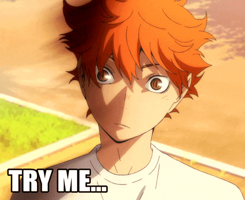 a cartoon of a boy with orange hair and the words try me on the bottom