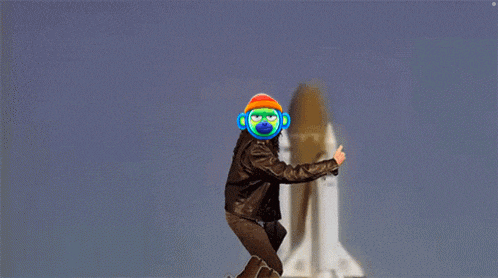 a man in a leather jacket and cowboy boots is flying in front of a rocket