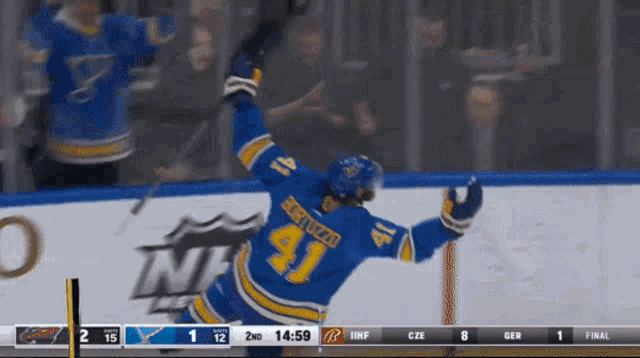 a hockey player with the number 41 on his jersey celebrates a goal