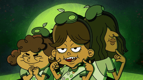 a group of cartoon characters wearing green shirts and hats