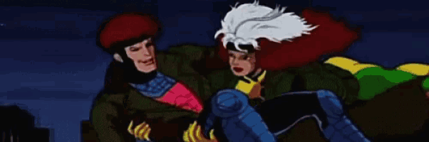a man and a woman are standing next to each other and looking at each other in a cartoon .