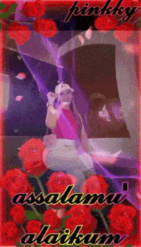 a picture of a woman surrounded by red roses and the words pinkky