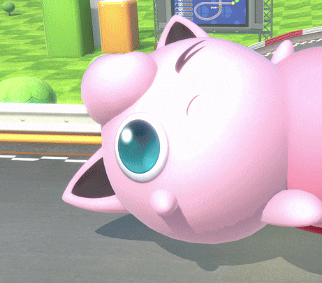 a pink cartoon character with a blue eye is floating on the ground