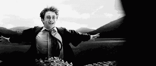 harry potter is running with his arms outstretched in front of a lake .