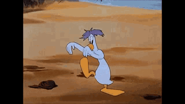 a duck with purple hair is standing on a sandy beach .