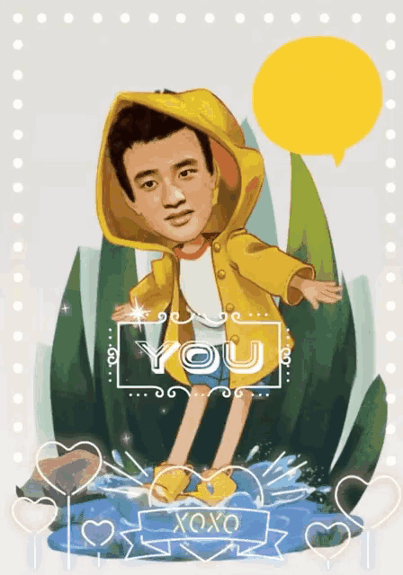 a man in a yellow raincoat is standing in a puddle with a speech bubble saying you