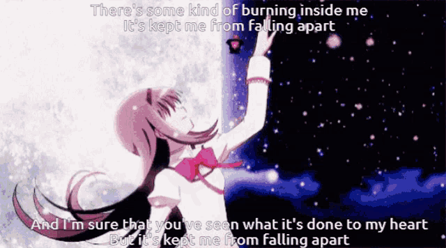 a picture of a girl with the words there 's some kind of burning inside me