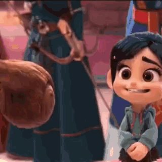 a close up of a cartoon character smiling while standing next to a woman in a blue dress .