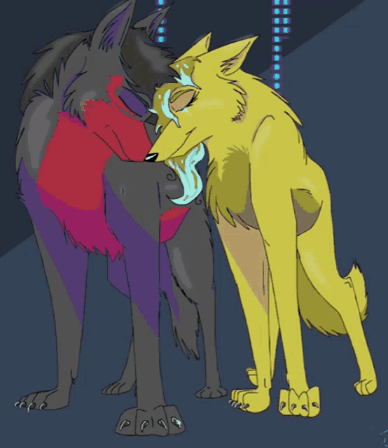 a drawing of two wolves standing next to each other with one crying