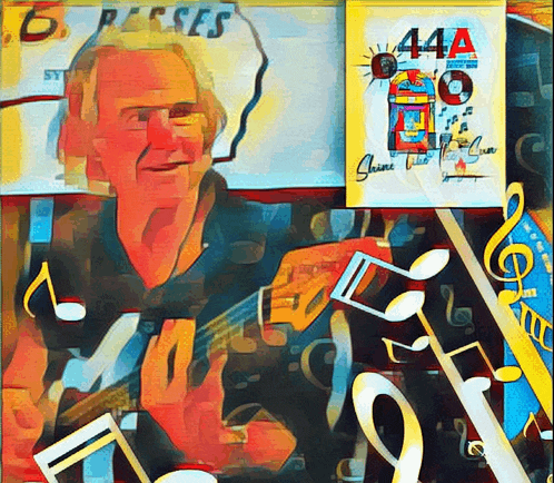 a painting of a man playing a guitar next to a sign that says 44a on it