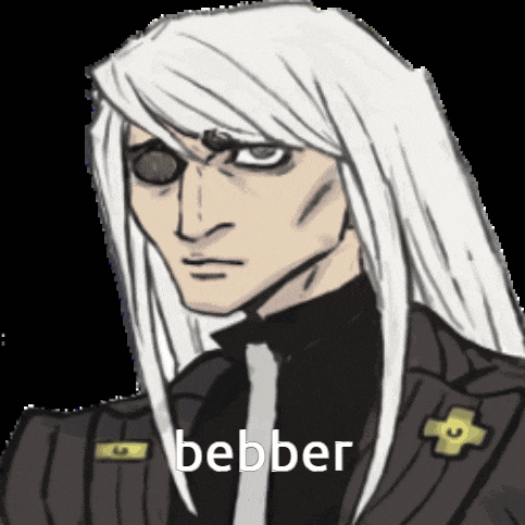 a cartoon drawing of a man with long white hair and the word bebber on his chest