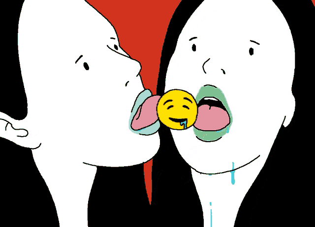 a cartoon drawing of two people licking each other 's lips