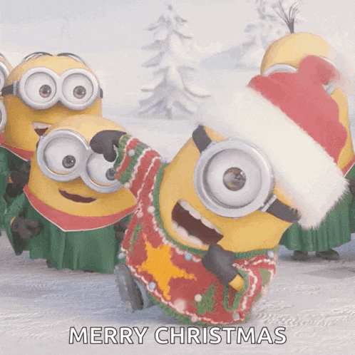 a group of minions wearing santa hats and sweaters with the words merry christmas
