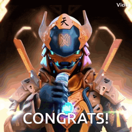 an animated image of a samurai holding a microphone with the words congrats on the bottom